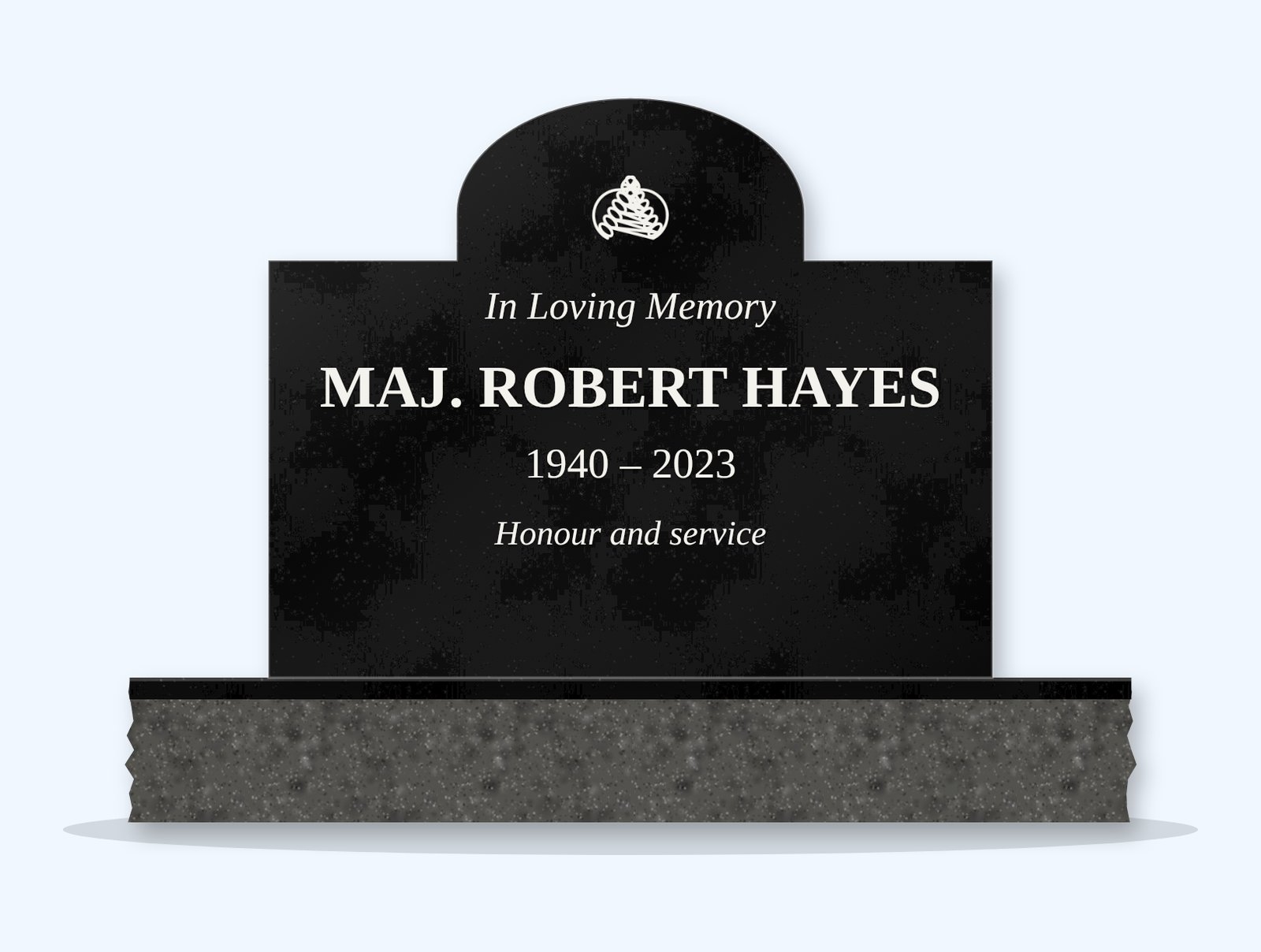 Absolute Black cathedral headstone on a granite base, engraved for Robert Hayes