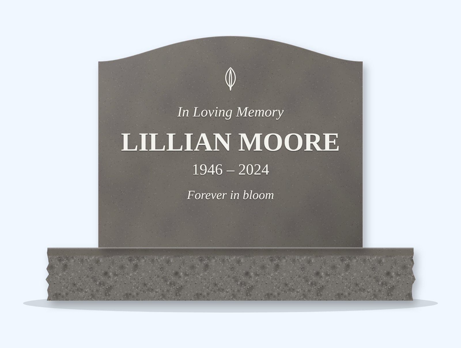 Steel Grey serpentine headstone on a granite base, engraved for Lillian Moore