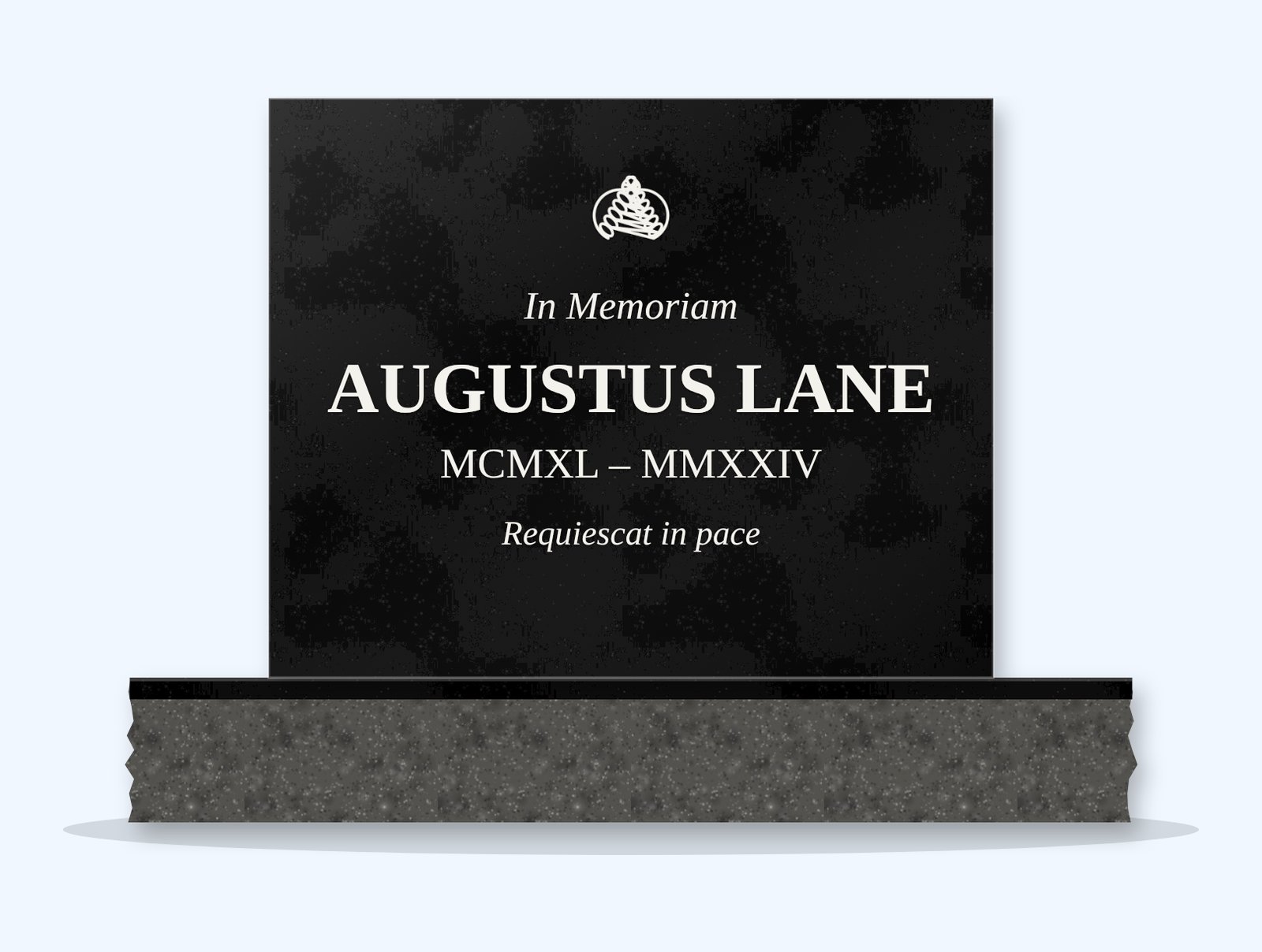 Absolute Black square headstone on a granite base, engraved for Augustus Lane