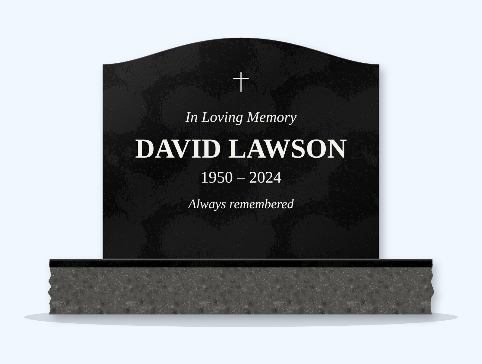 Absolute Black serpentine headstone on a granite base, engraved for David Lawson