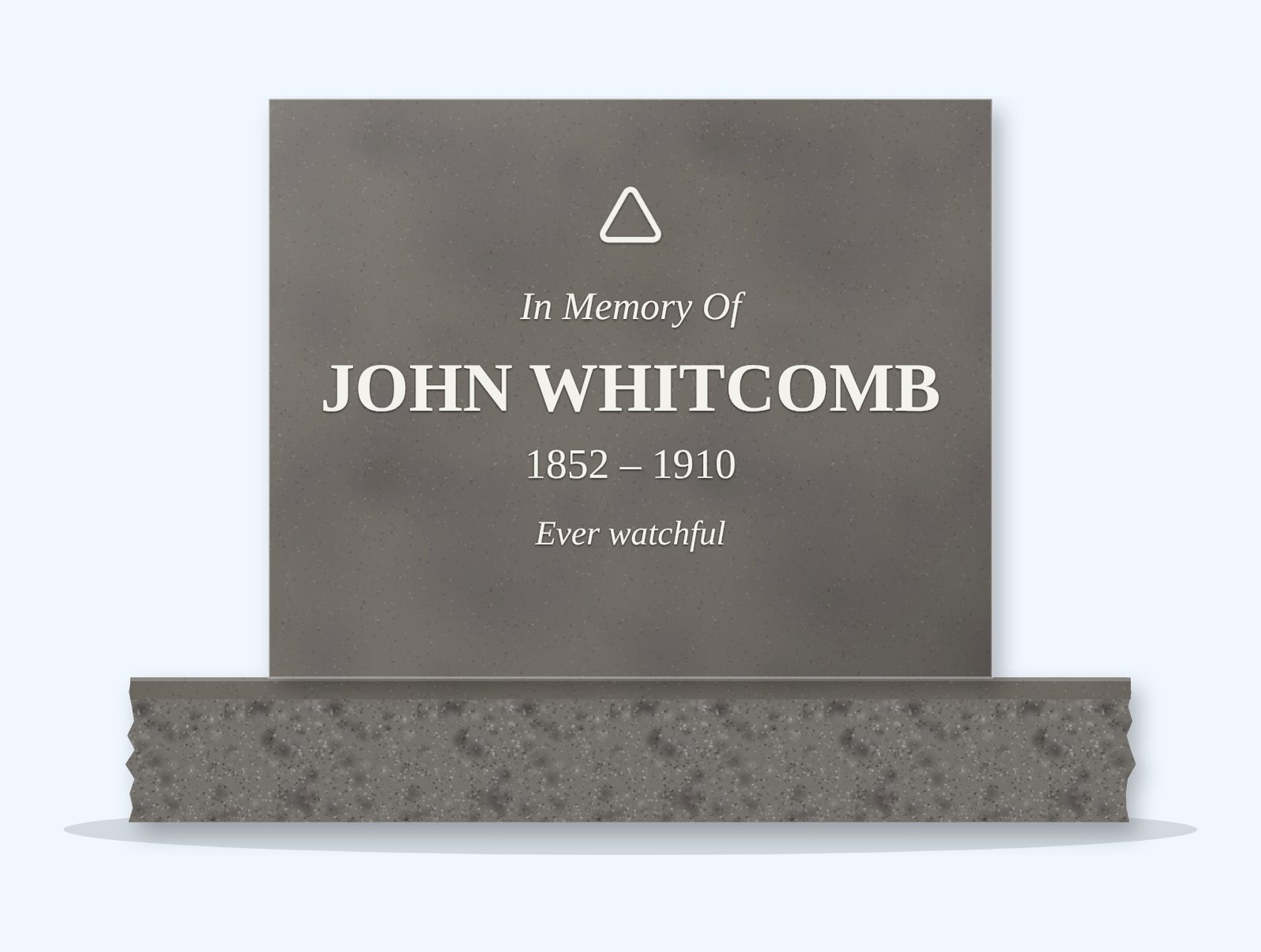 Steel Grey rectangle headstone on a granite base, engraved for John Whitcomb