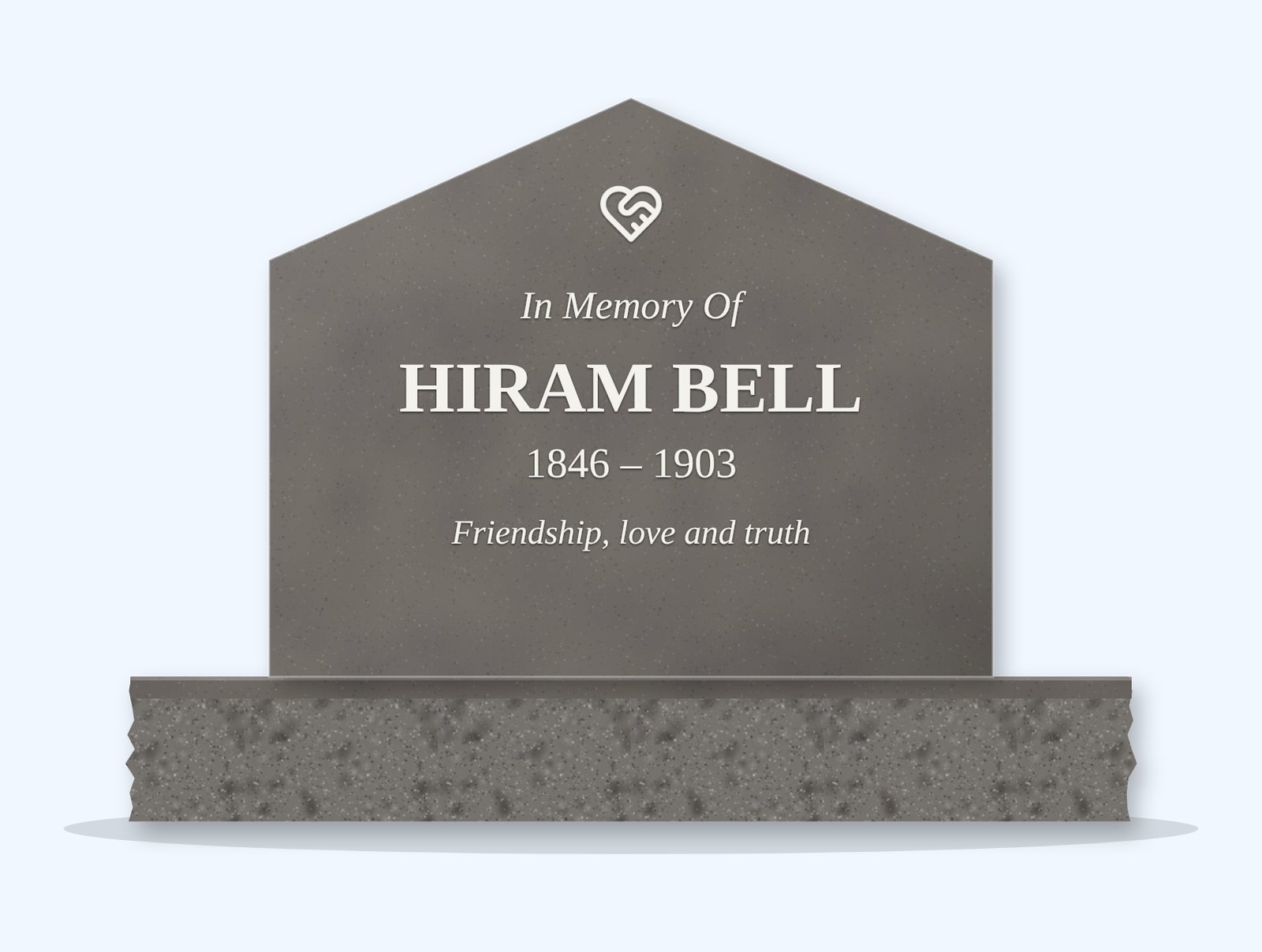 Steel Grey gable headstone on a granite base, engraved for Hiram Bell