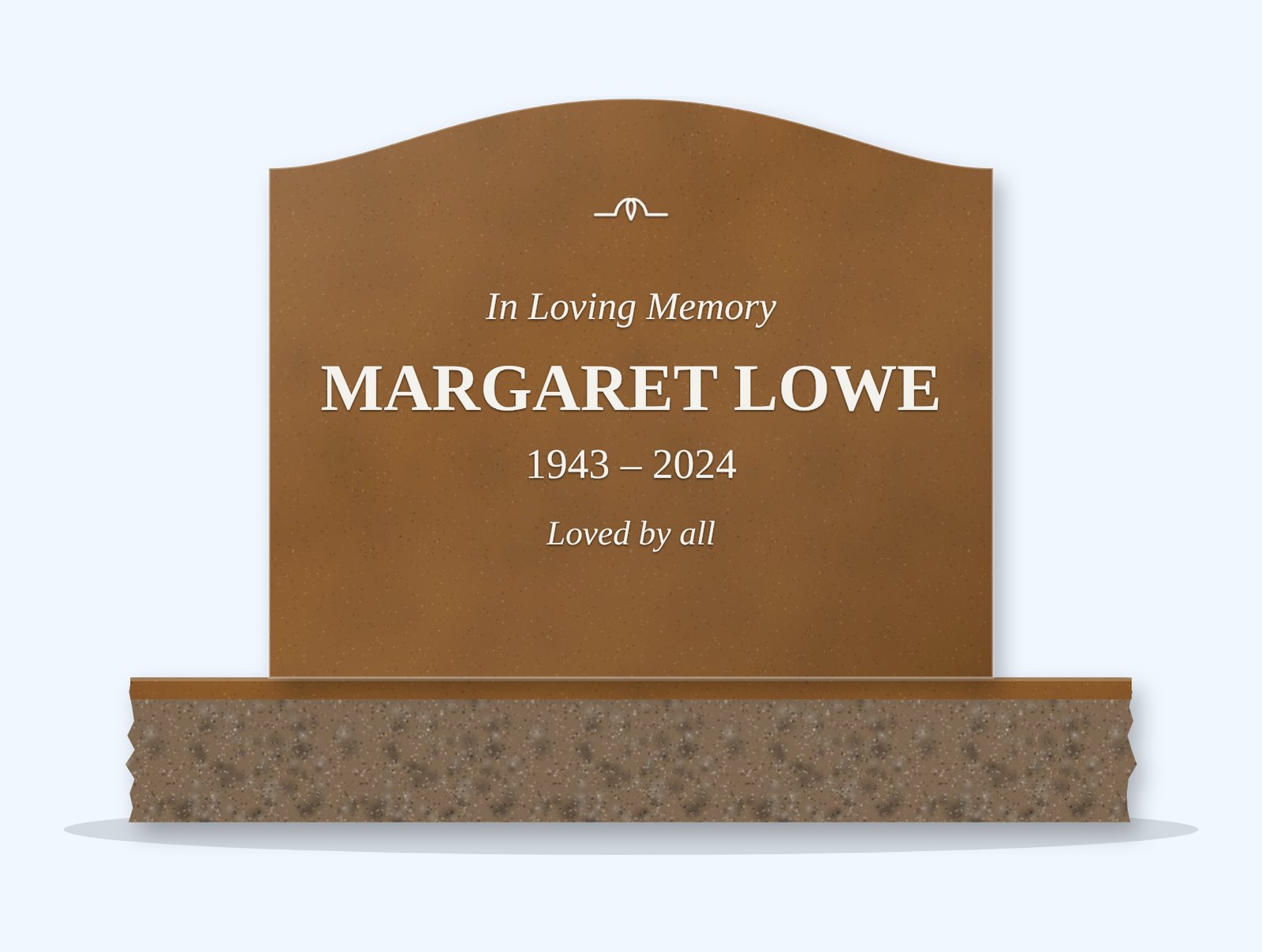 Tan Brown serpentine headstone on a granite base, engraved for Margaret Lowe