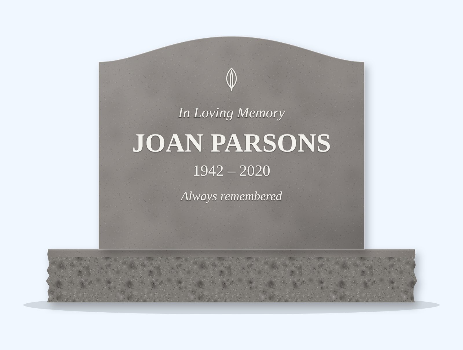 Indian Grey serpentine headstone on a granite base, engraved for Joan Parsons