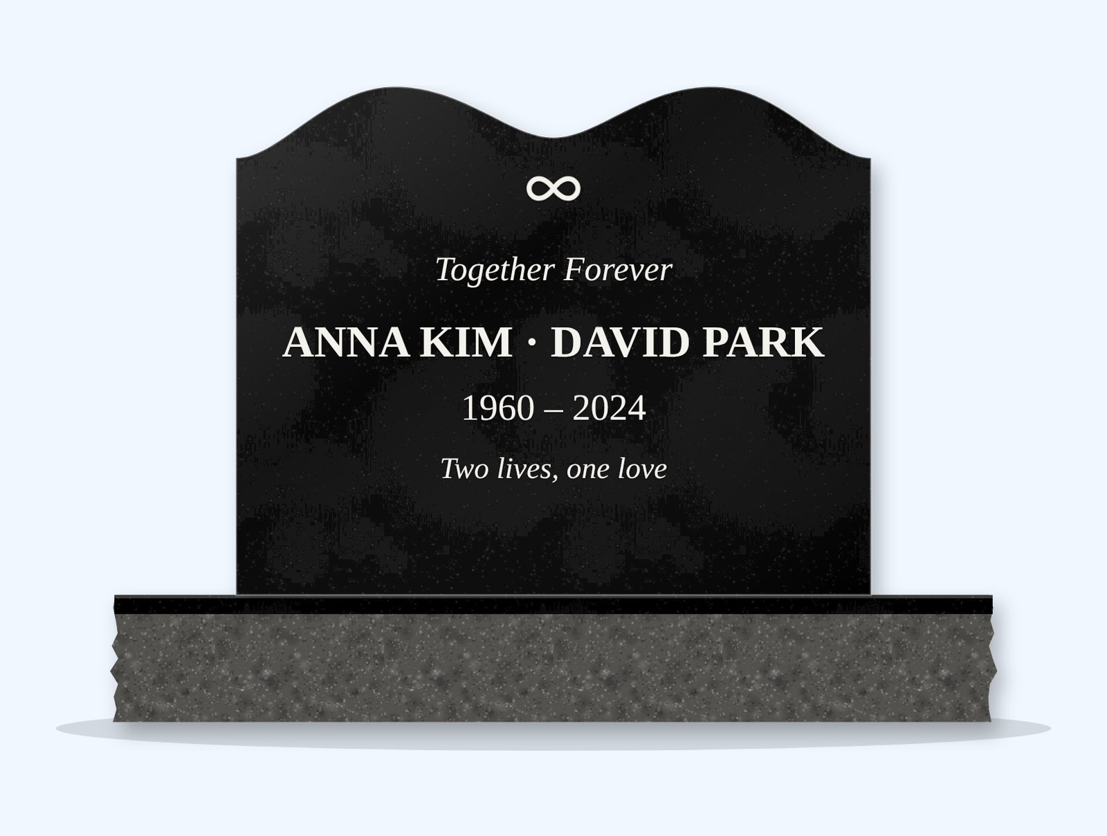 Absolute Black twin crown headstone on a granite base, engraved for Anna Kim and David Park