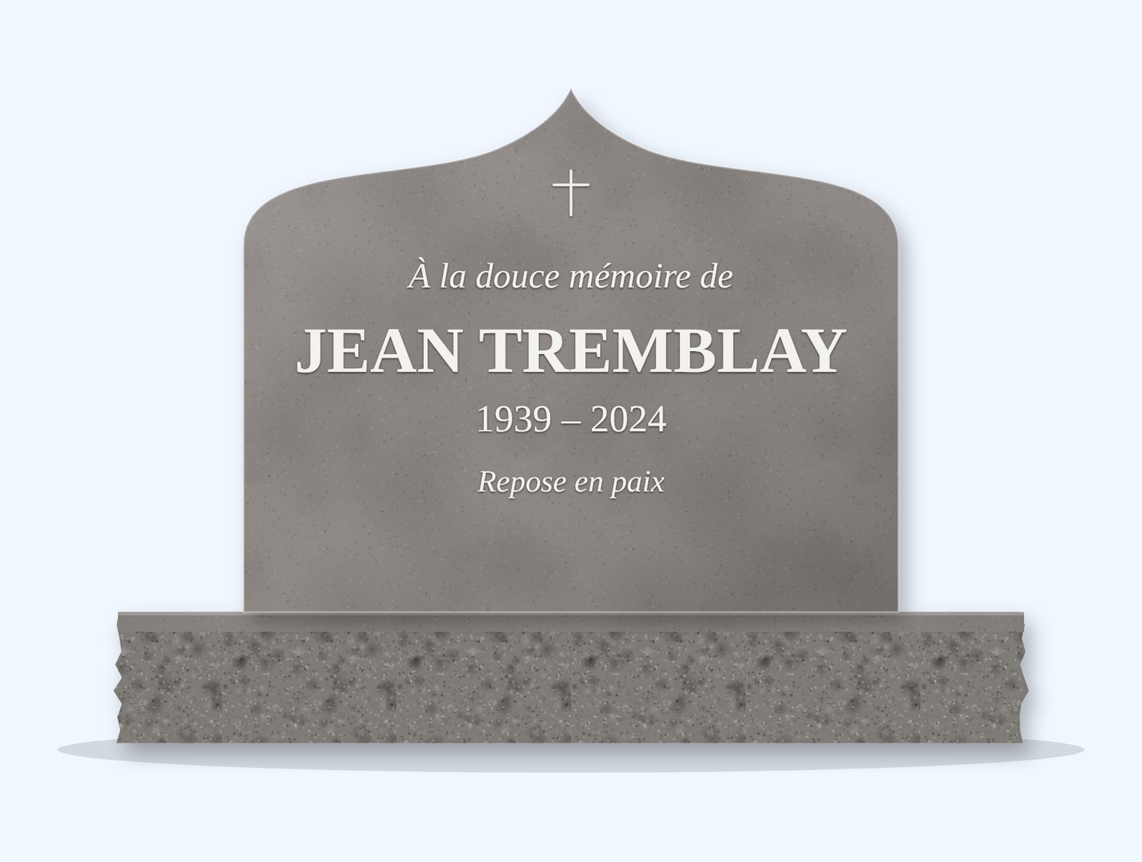 Indian Grey ogee arch headstone on a granite base, engraved for Jean Tremblay