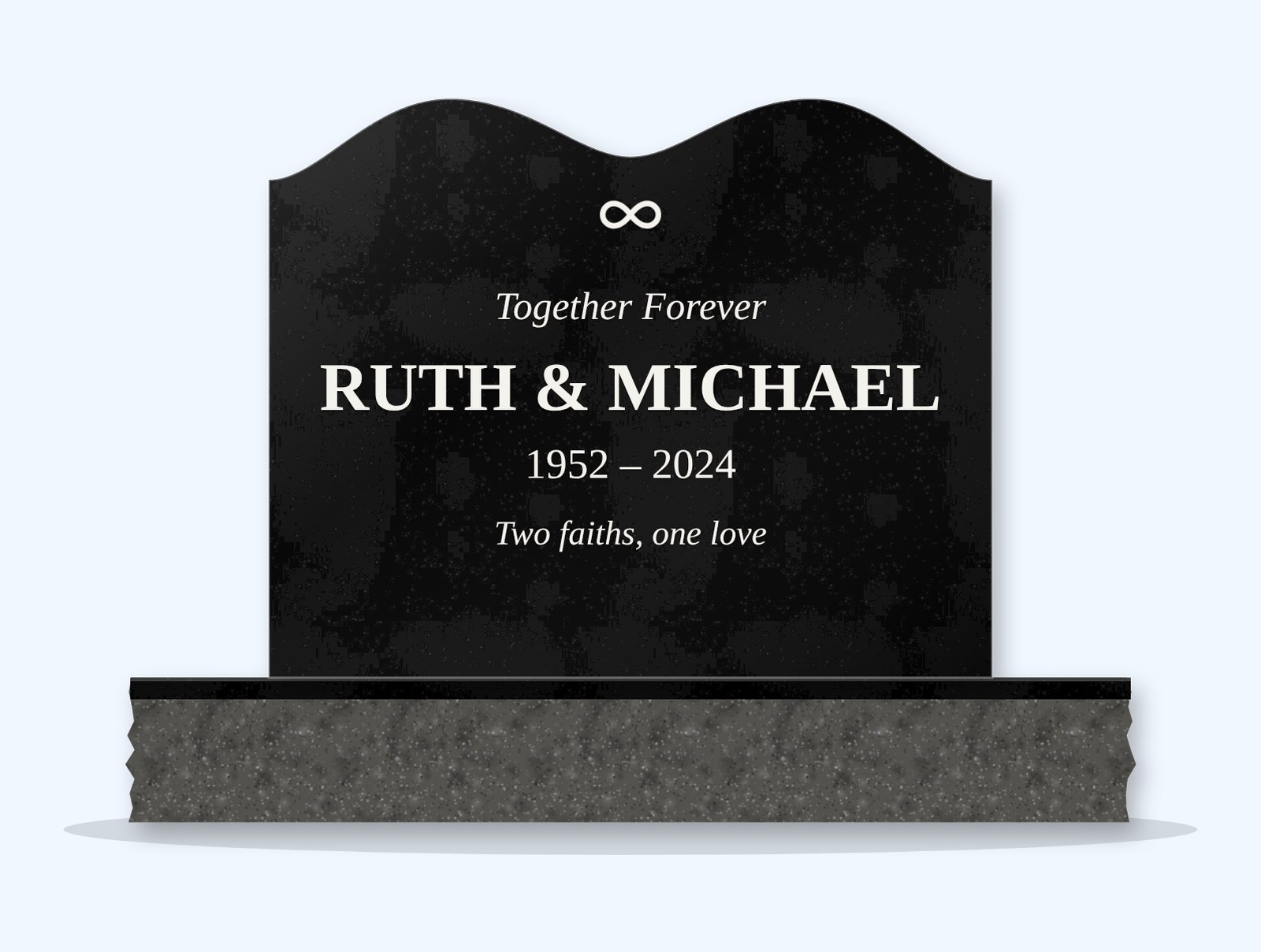 Absolute Black twin crown headstone on a granite base, engraved for Ruth and Michael