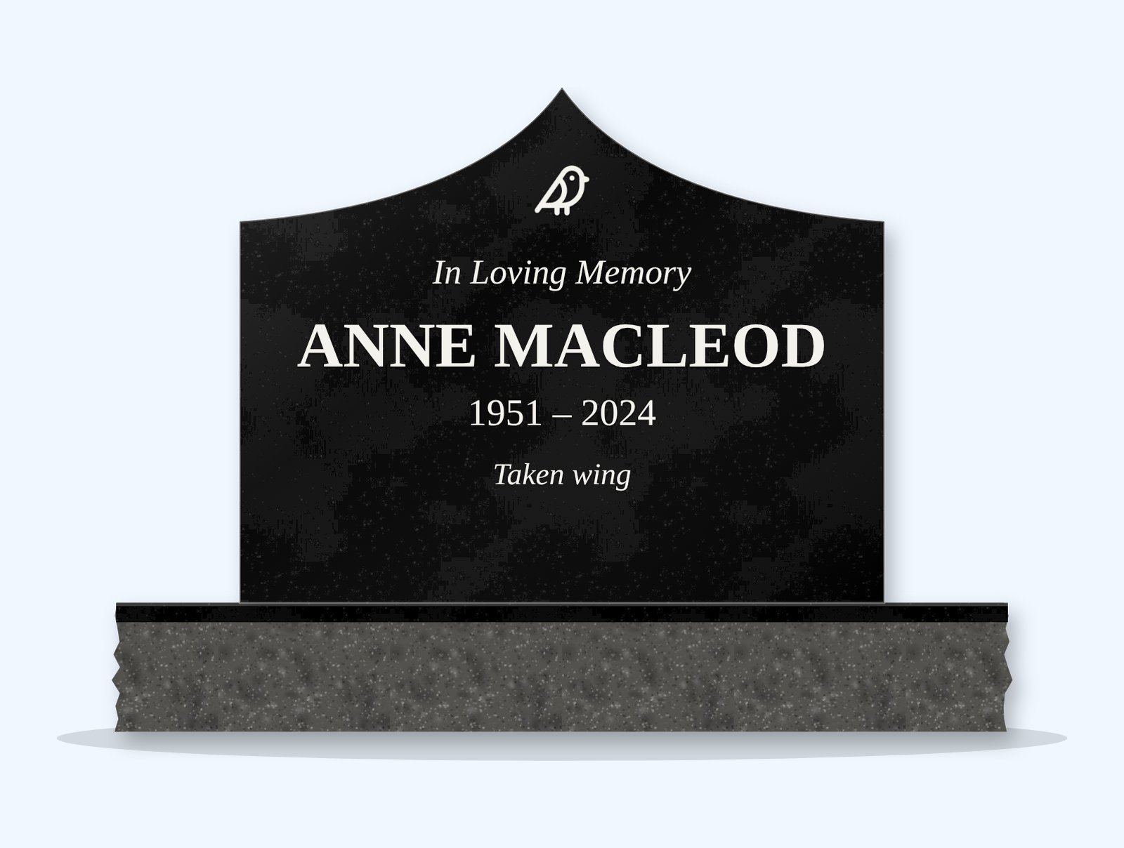 Absolute Black curved gable headstone on a granite base, engraved for Anne MacLeod