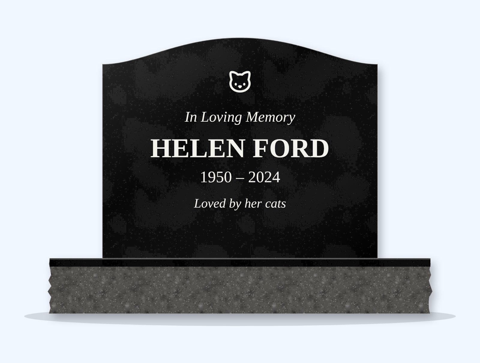 Absolute Black serpentine headstone on a granite base, engraved for Helen Ford