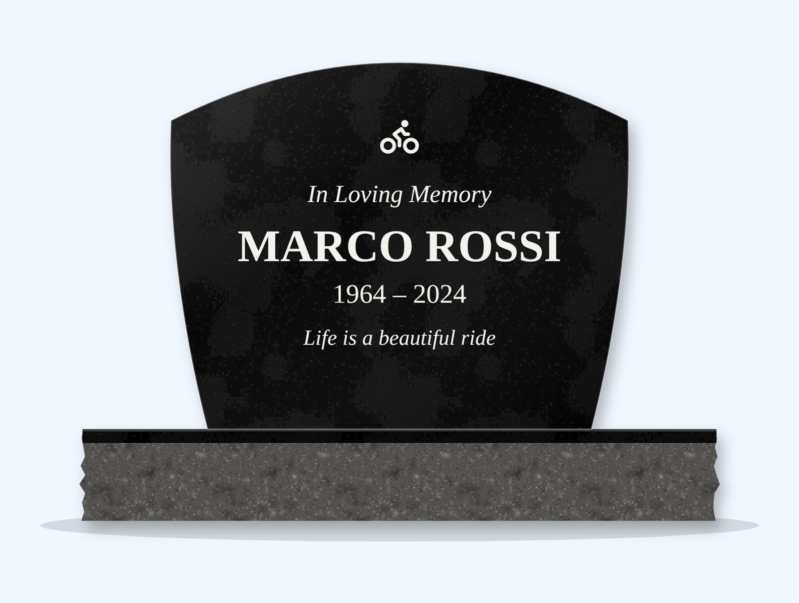 Absolute Black swoop headstone on a granite base, engraved for Marco Rossi