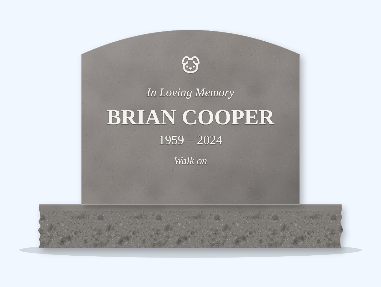 Indian Grey curved top headstone on a granite base, engraved for Brian Cooper