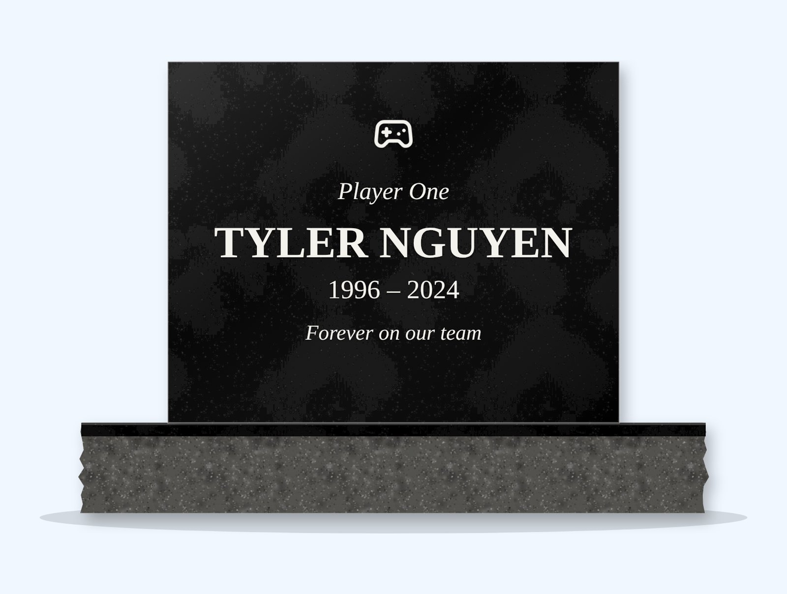 Absolute Black rectangle headstone on a granite base, engraved for Tyler Nguyen