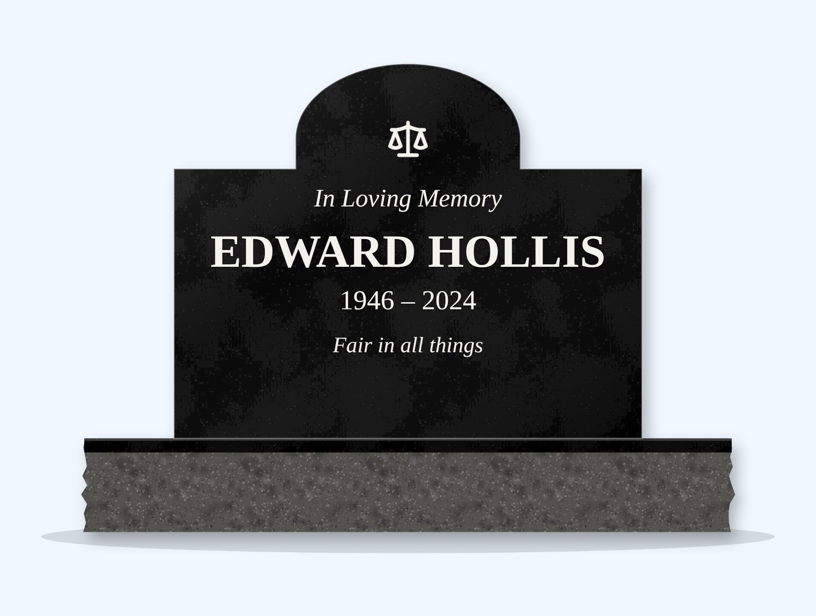 Absolute Black cathedral headstone on a granite base, engraved for Edward Hollis