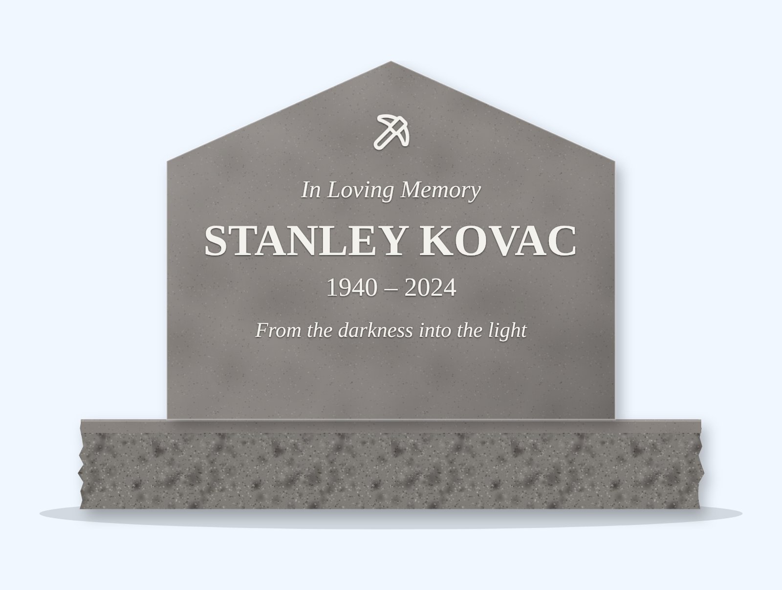 Indian Grey gable headstone on a granite base, engraved for Stanley Kovac