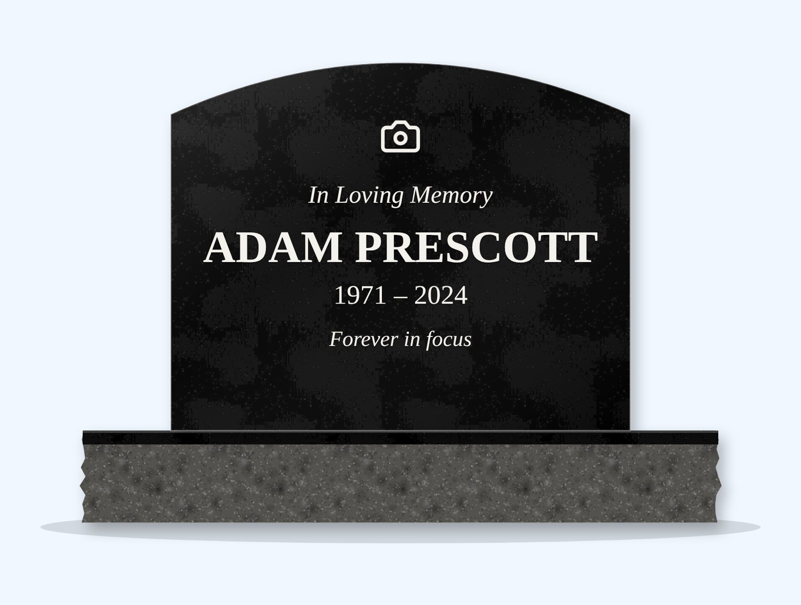 Absolute Black curved top headstone on a granite base, engraved for Adam Prescott