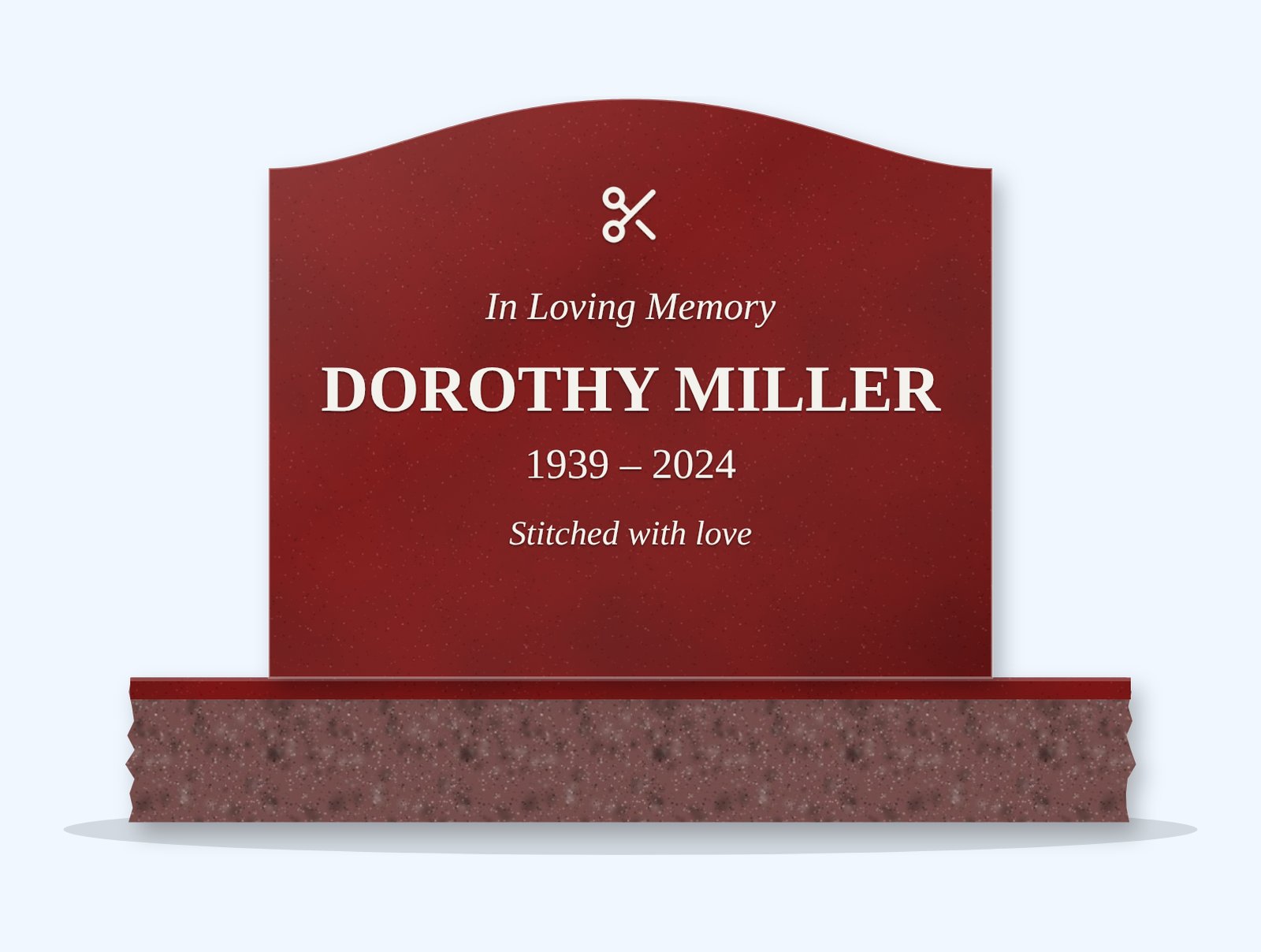 Indian Red serpentine headstone on a granite base, engraved for Dorothy Miller