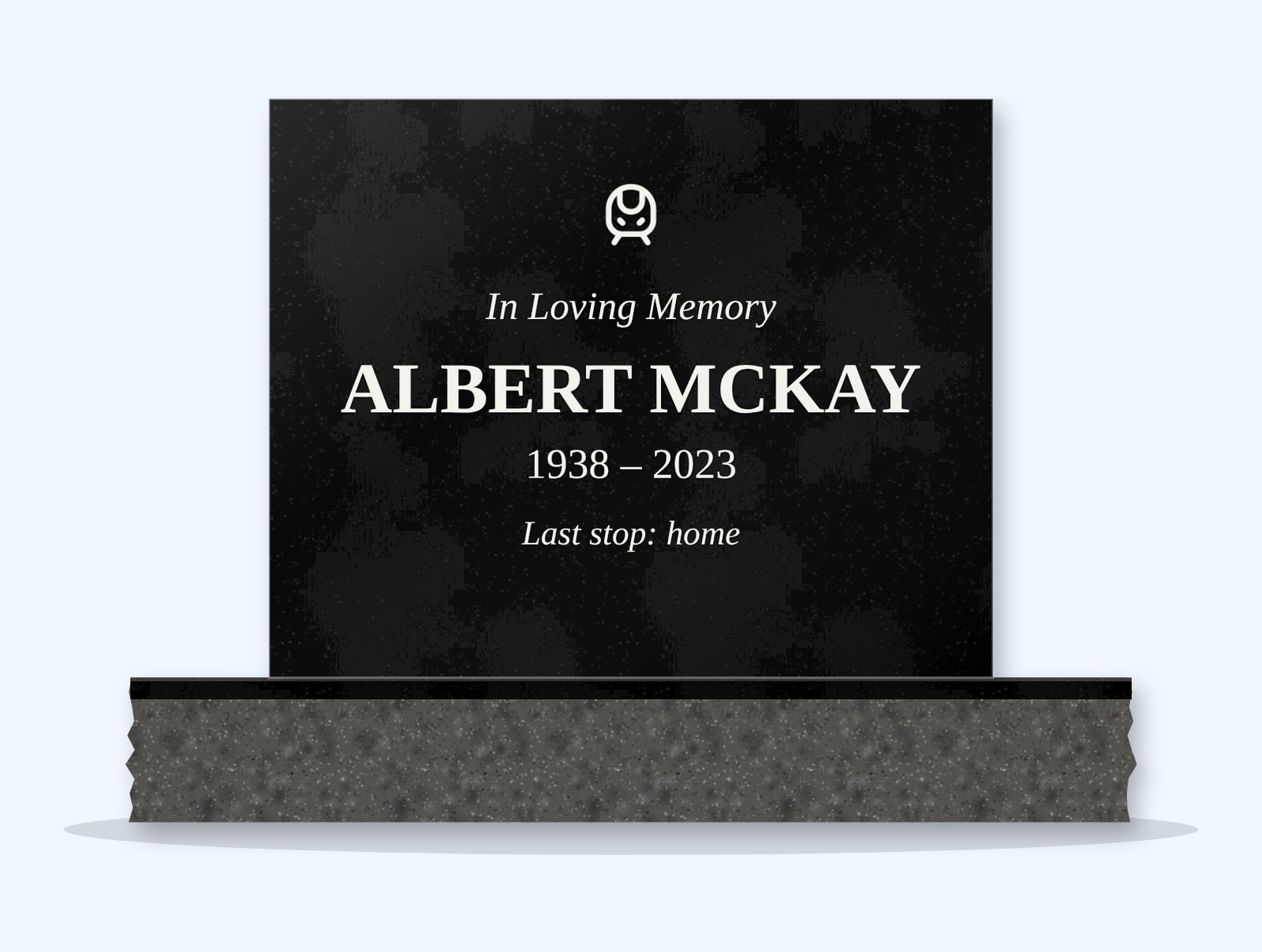 Absolute Black rectangle headstone on a granite base, engraved for Albert McKay