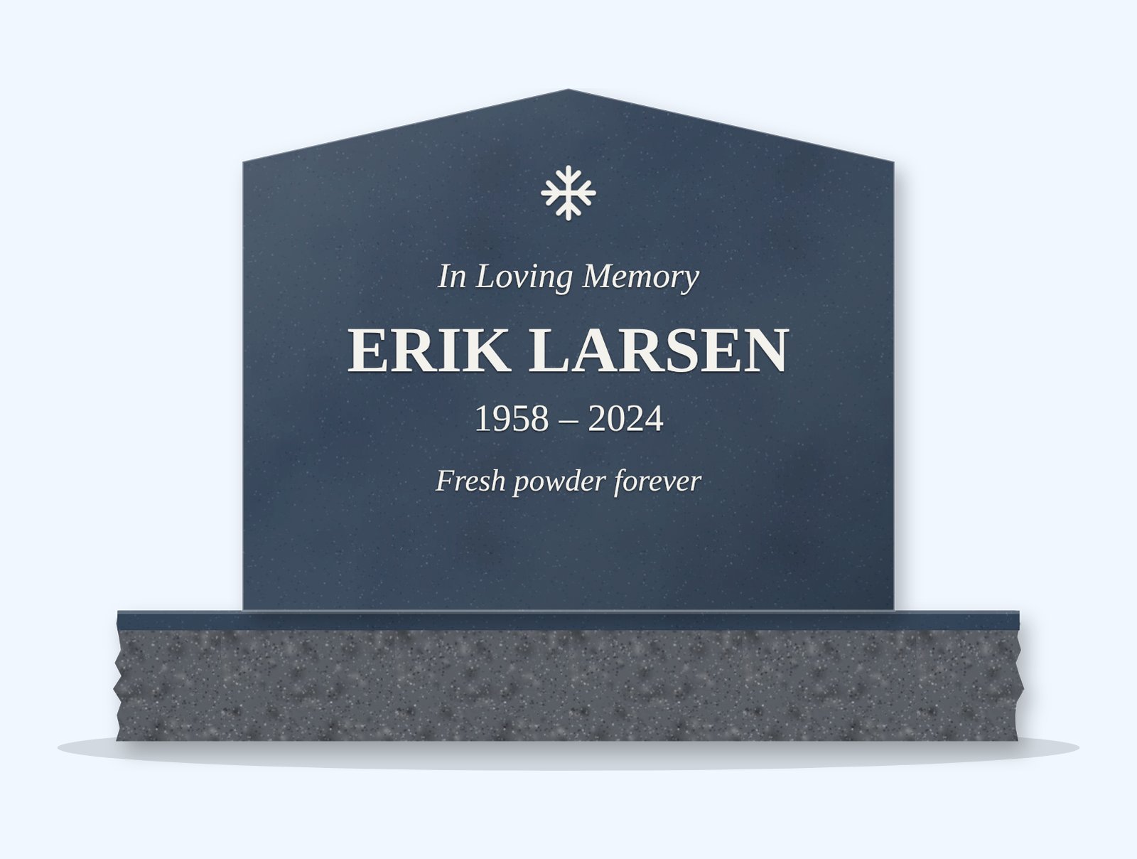 Bahamas Blue peak headstone on a granite base, engraved for Erik Larsen