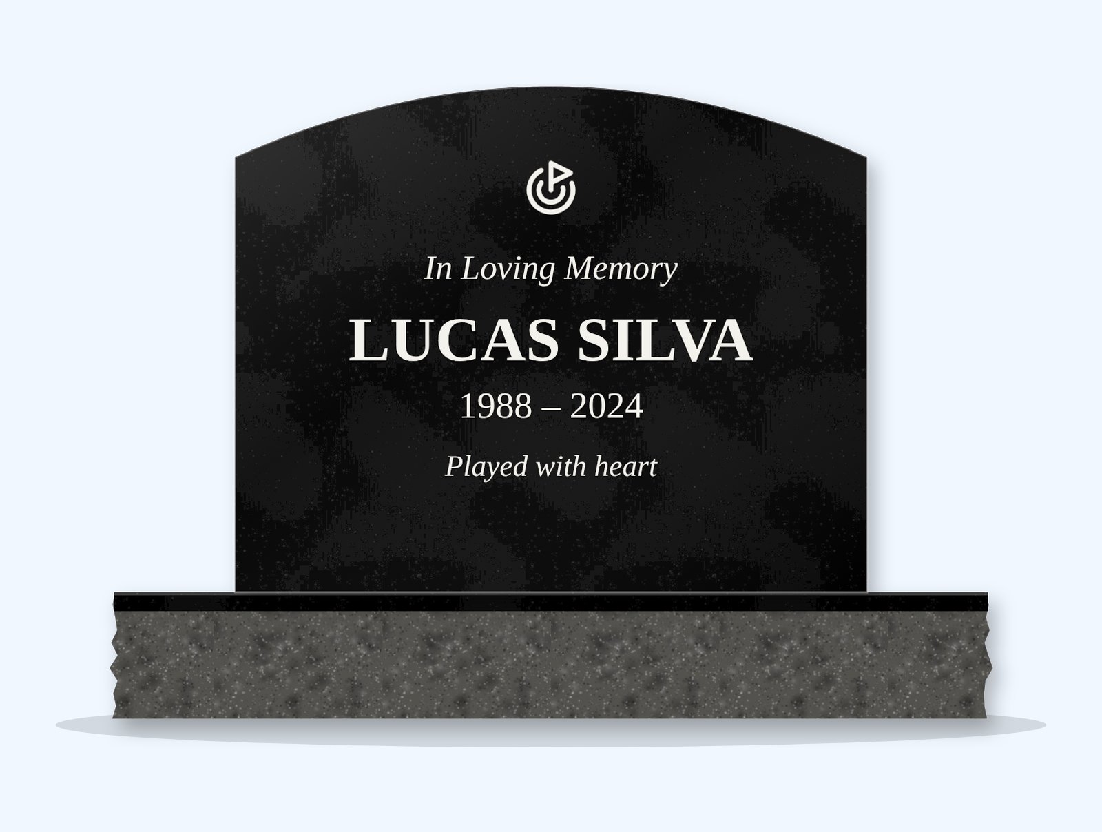 Absolute Black curved top headstone on a granite base, engraved for Lucas Silva