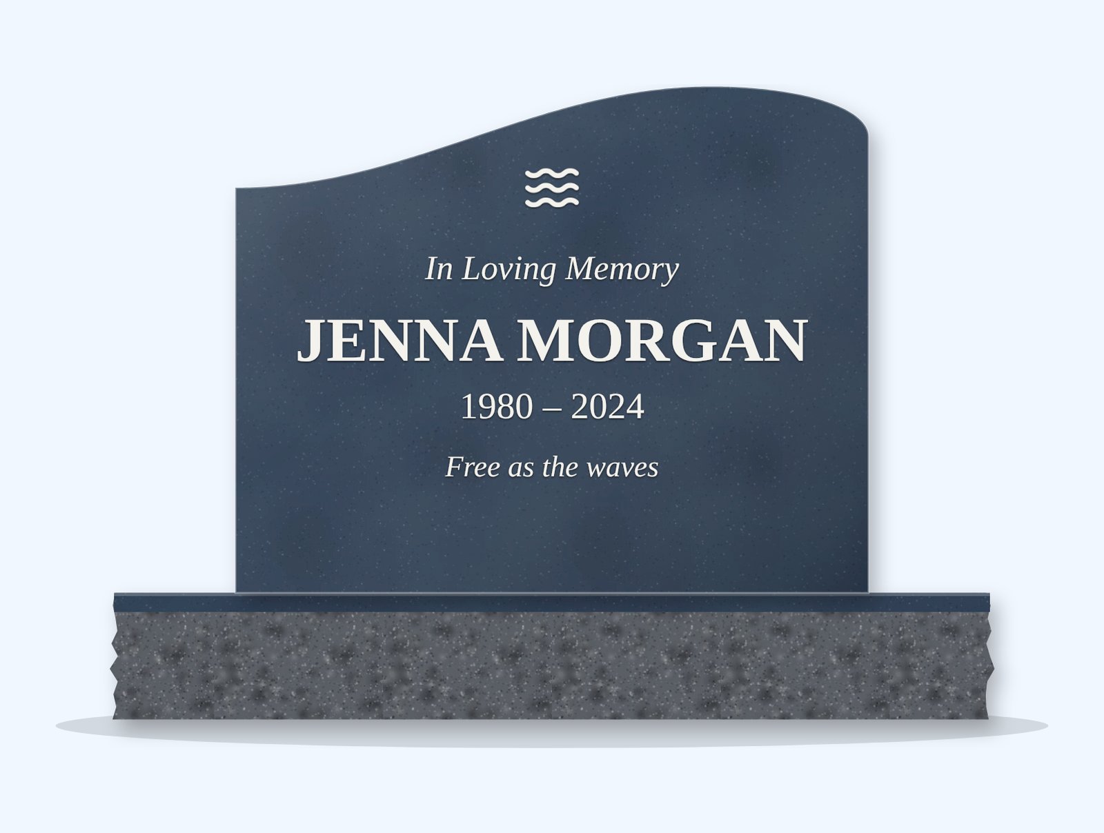 Bahamas Blue right wave headstone on a granite base, engraved for Jenna Morgan