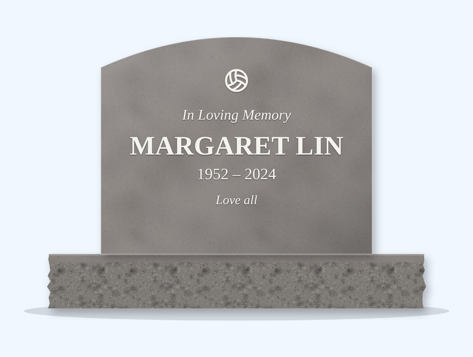 Indian Grey curved top headstone on a granite base, engraved for Margaret Lin