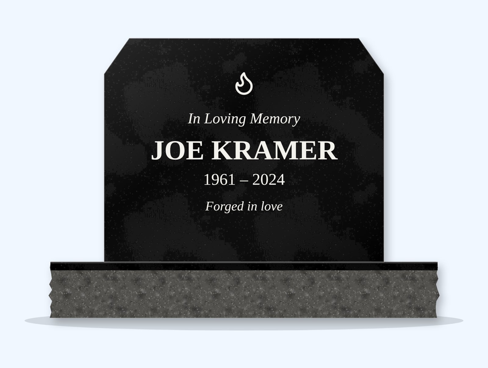 Absolute Black chamfered headstone on a granite base, engraved for Joe Kramer