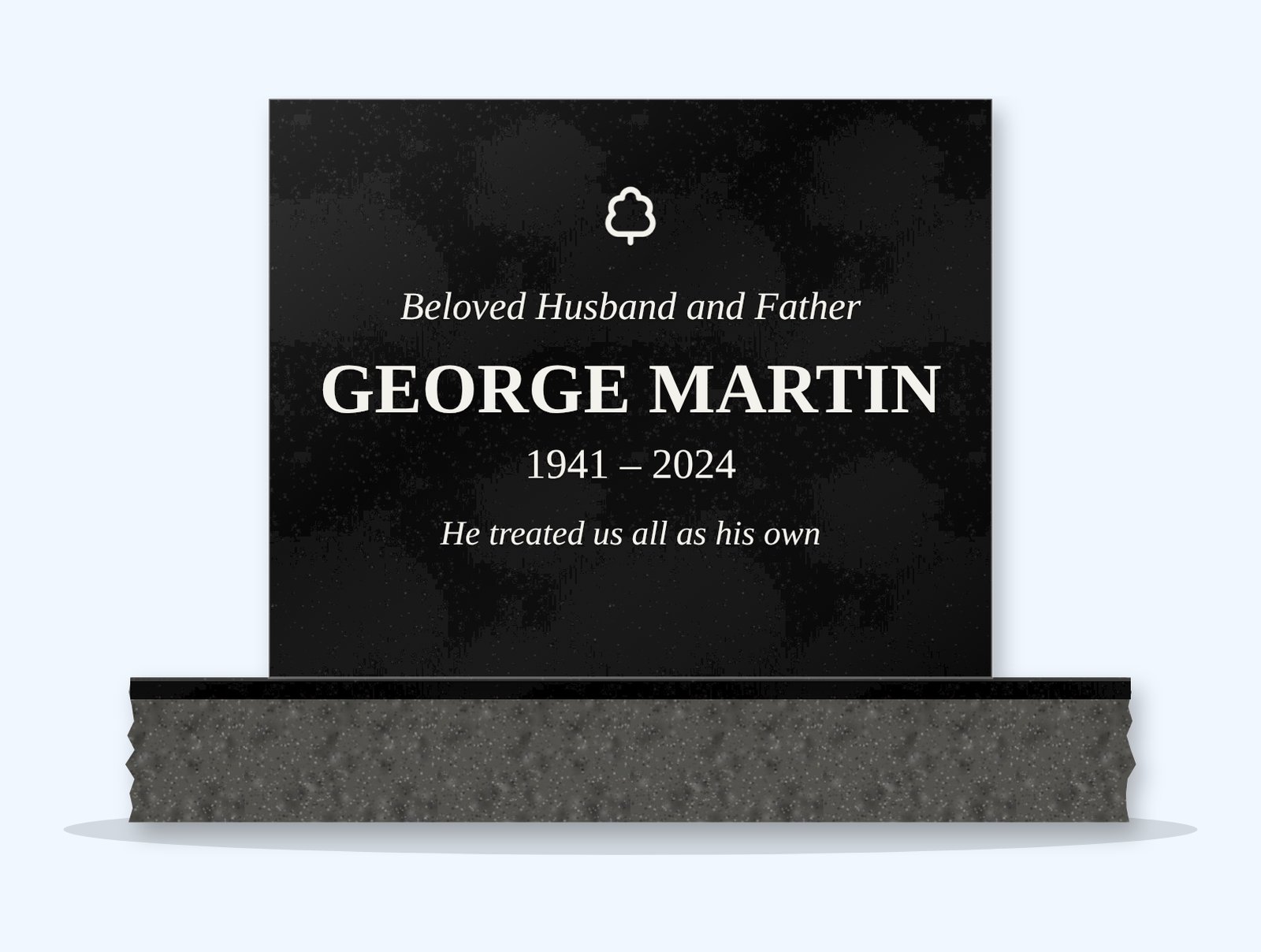 Absolute Black rectangle headstone on a granite base, engraved for George Martin