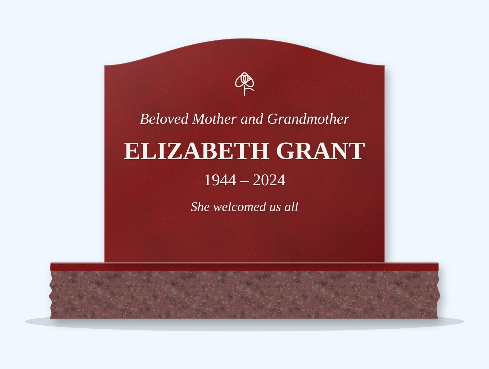 Indian Red serpentine headstone on a granite base, engraved for Elizabeth Grant