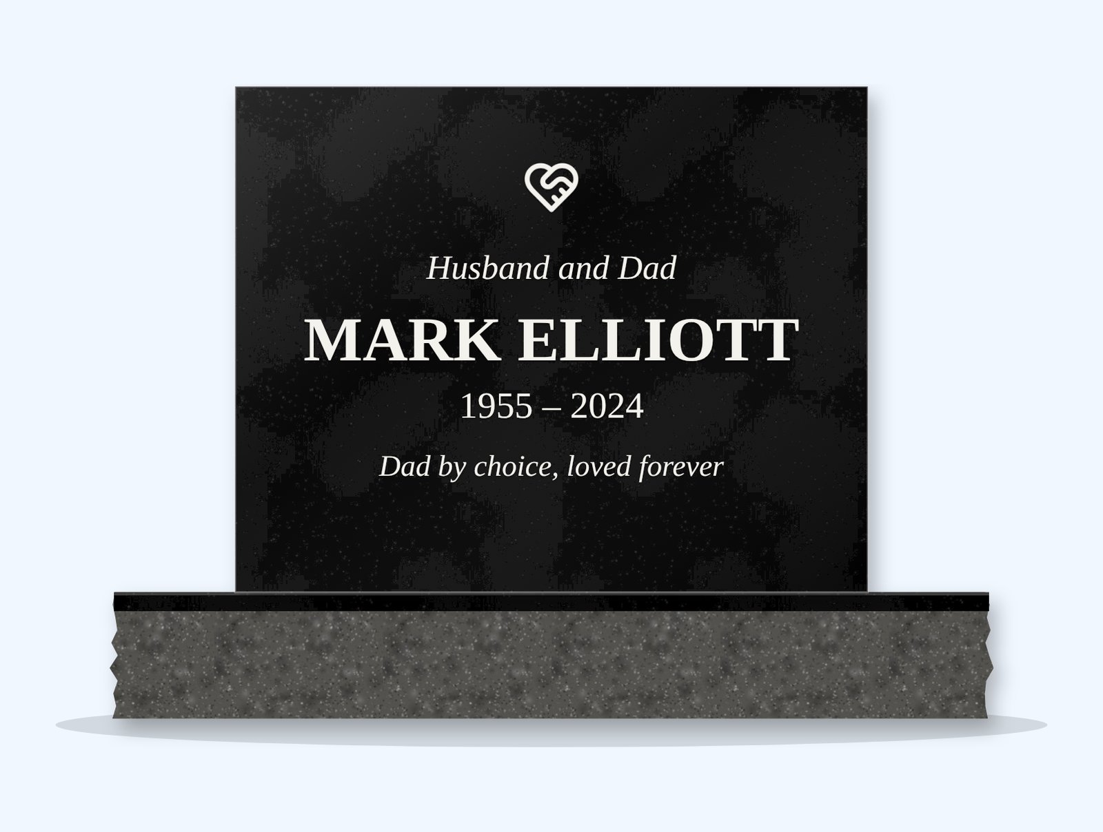 Absolute Black rectangle headstone on a granite base, engraved for Mark Elliott