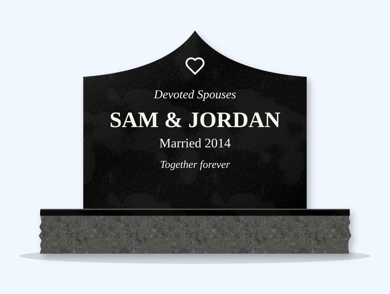 Absolute Black curved gable headstone on a granite base, engraved for Sam and Jordan