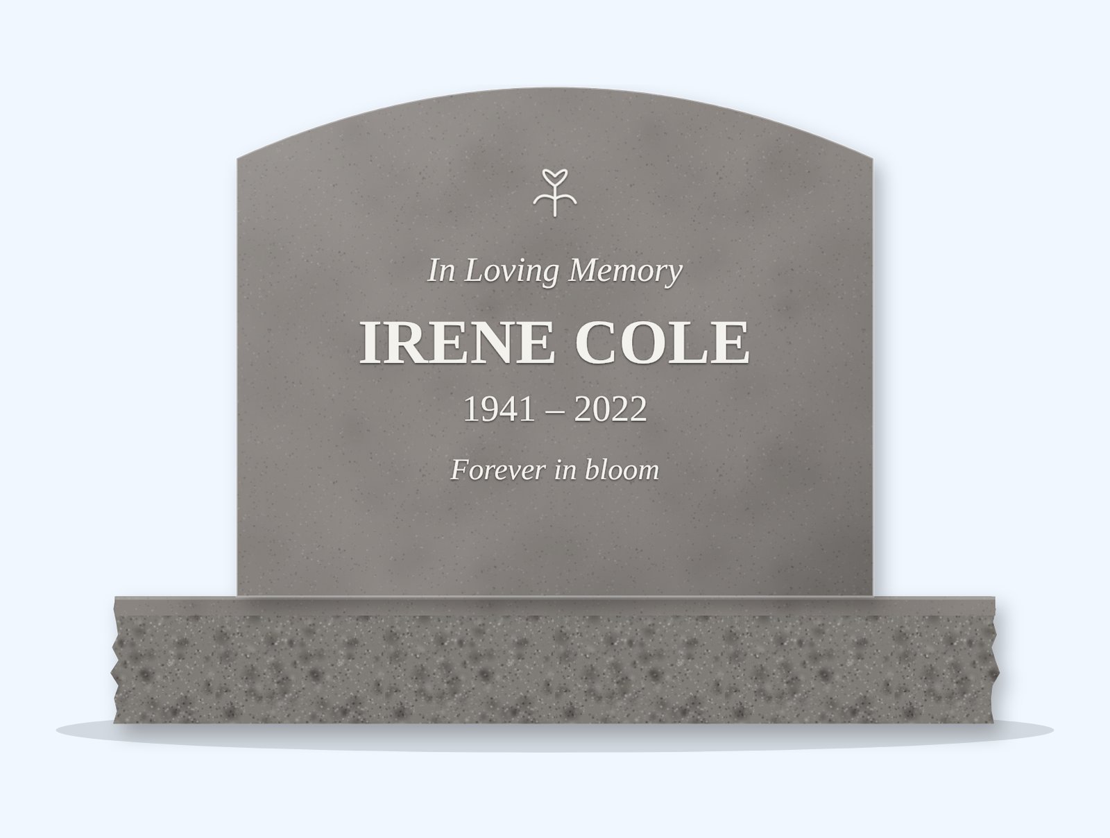 Indian Grey curved top headstone on a granite base, engraved for Irene Cole