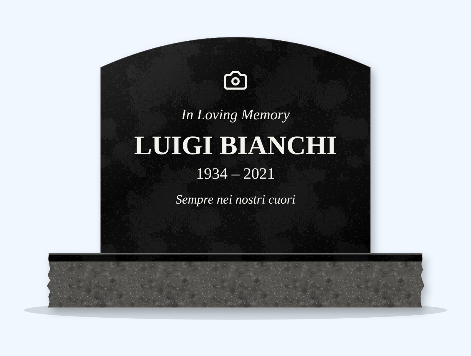 Absolute Black curved top headstone on a granite base, engraved for Luigi Bianchi