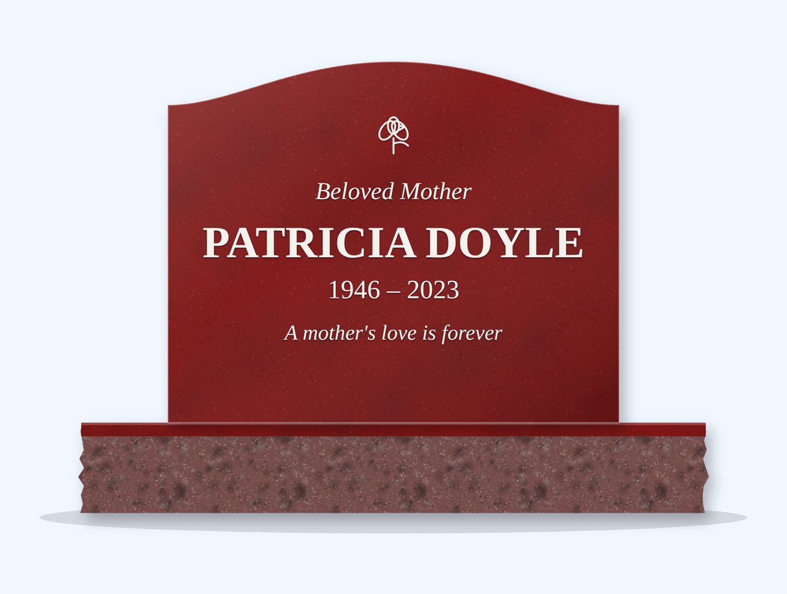 Indian Red serpentine headstone on a granite base, engraved for Patricia Doyle