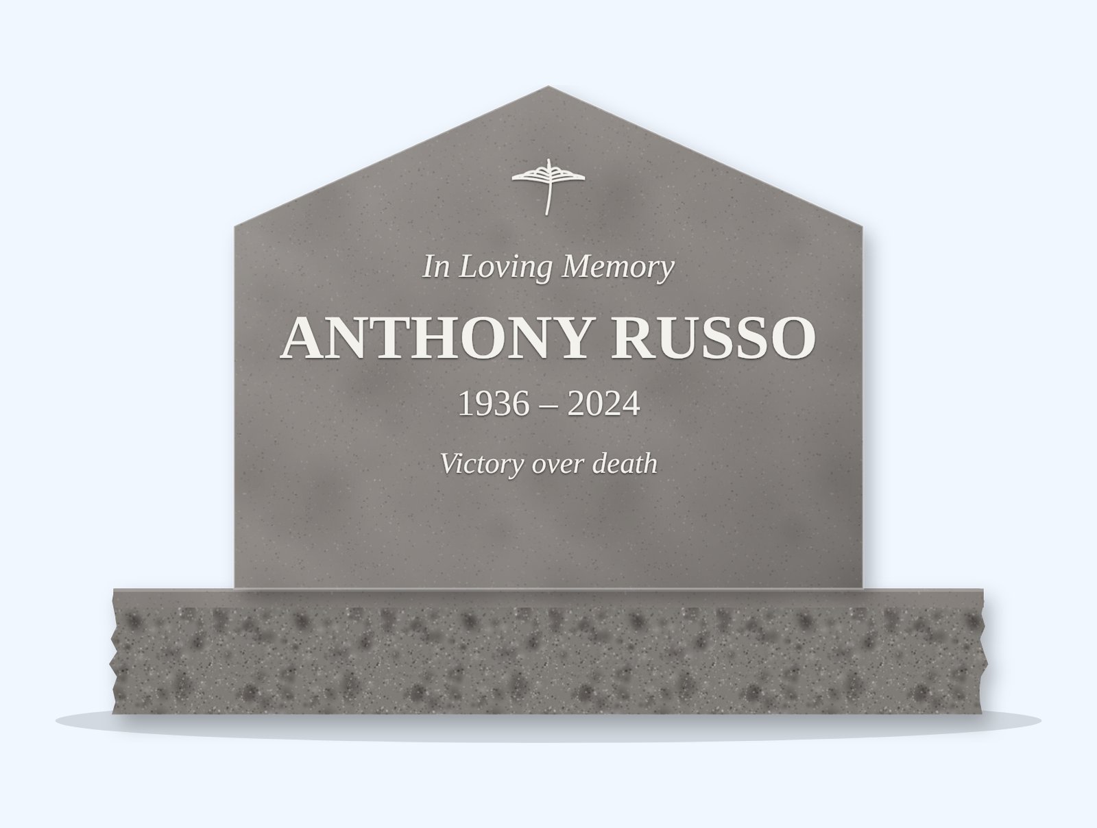 Indian Grey gable headstone on a granite base, engraved for Anthony Russo