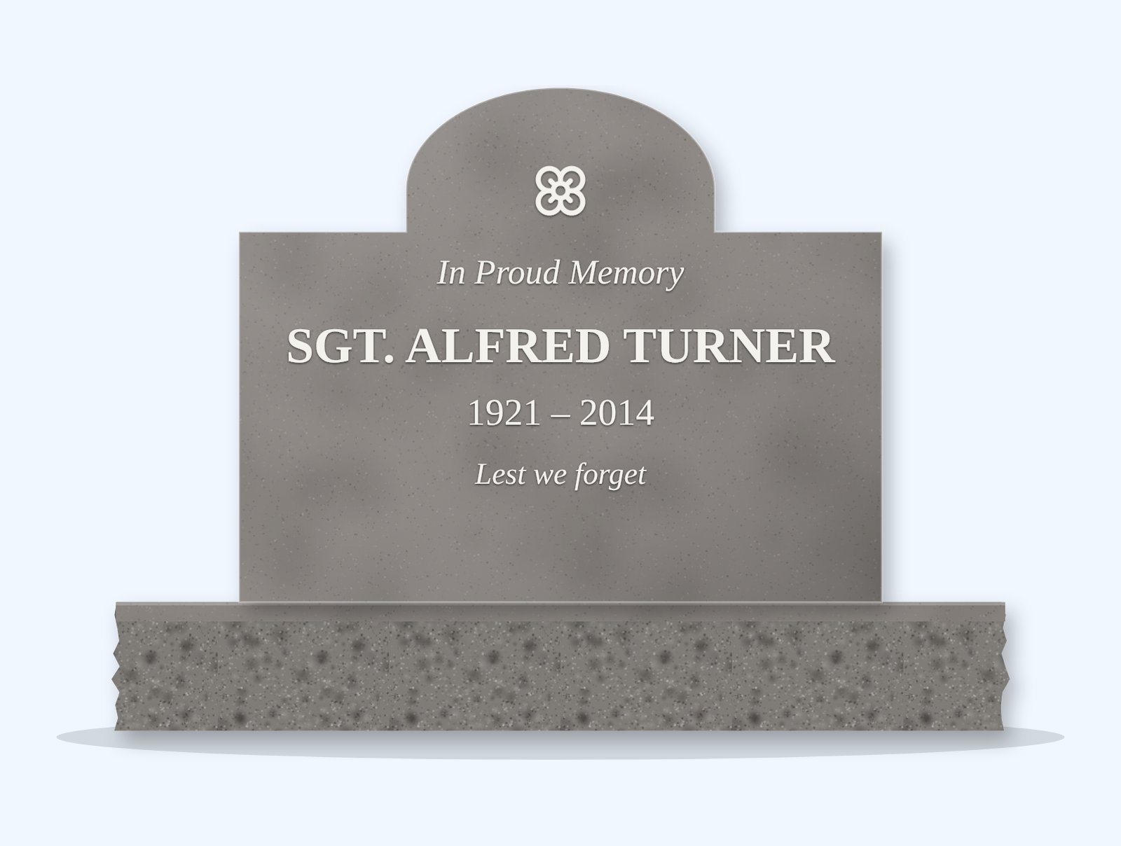 Indian Grey cathedral headstone on a granite base, engraved for Sgt. Alfred Turner