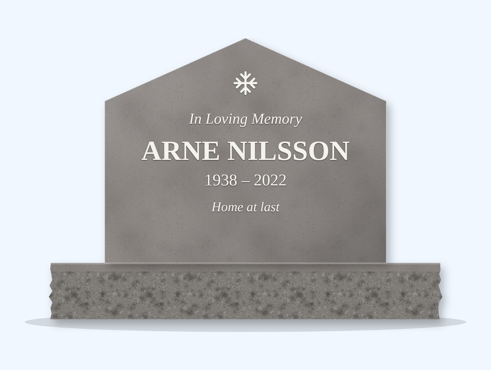 Indian Grey gable headstone on a granite base, engraved for Arne Nilsson