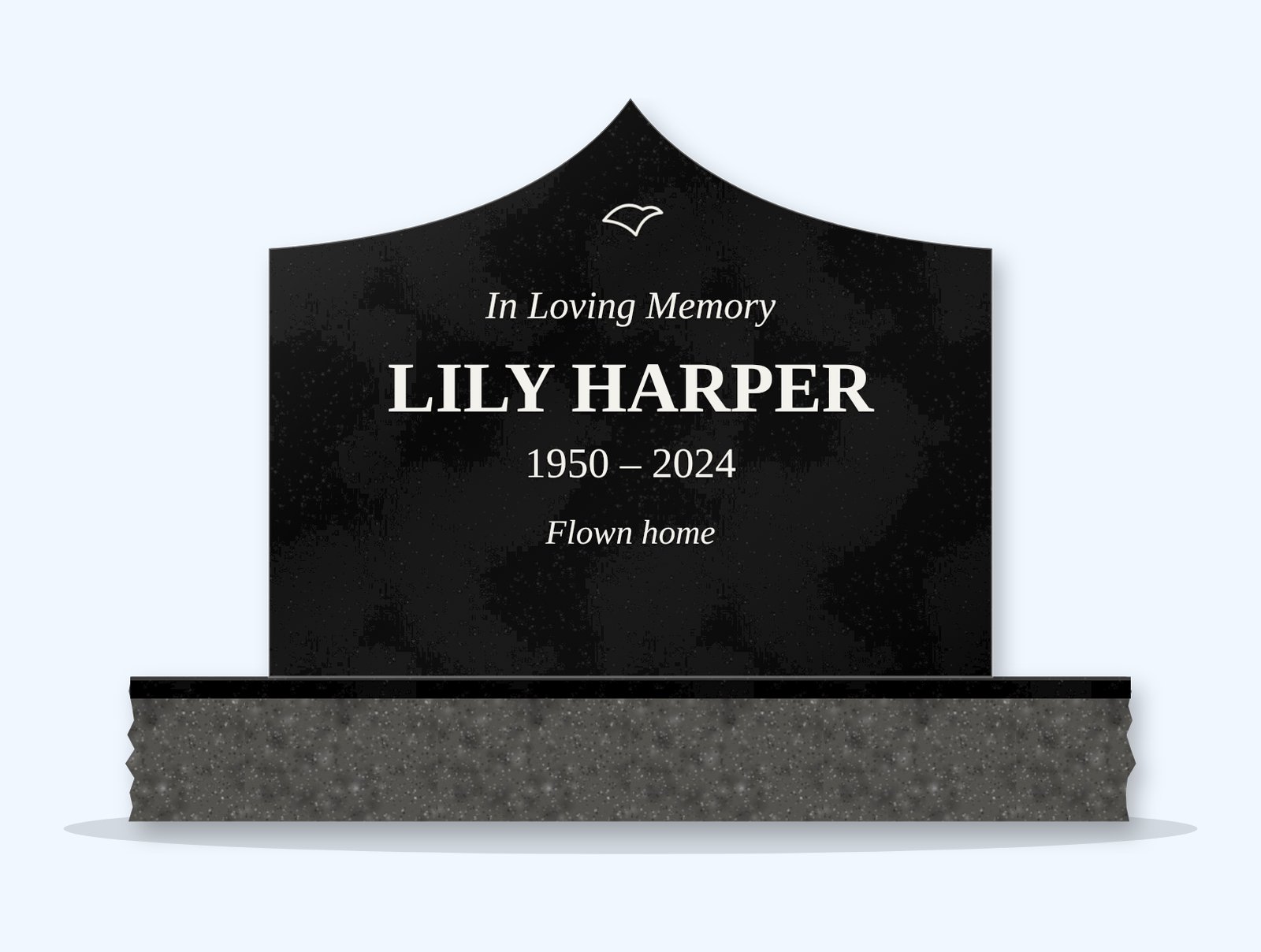 Absolute Black curved gable headstone on a granite base, engraved for Lily Harper