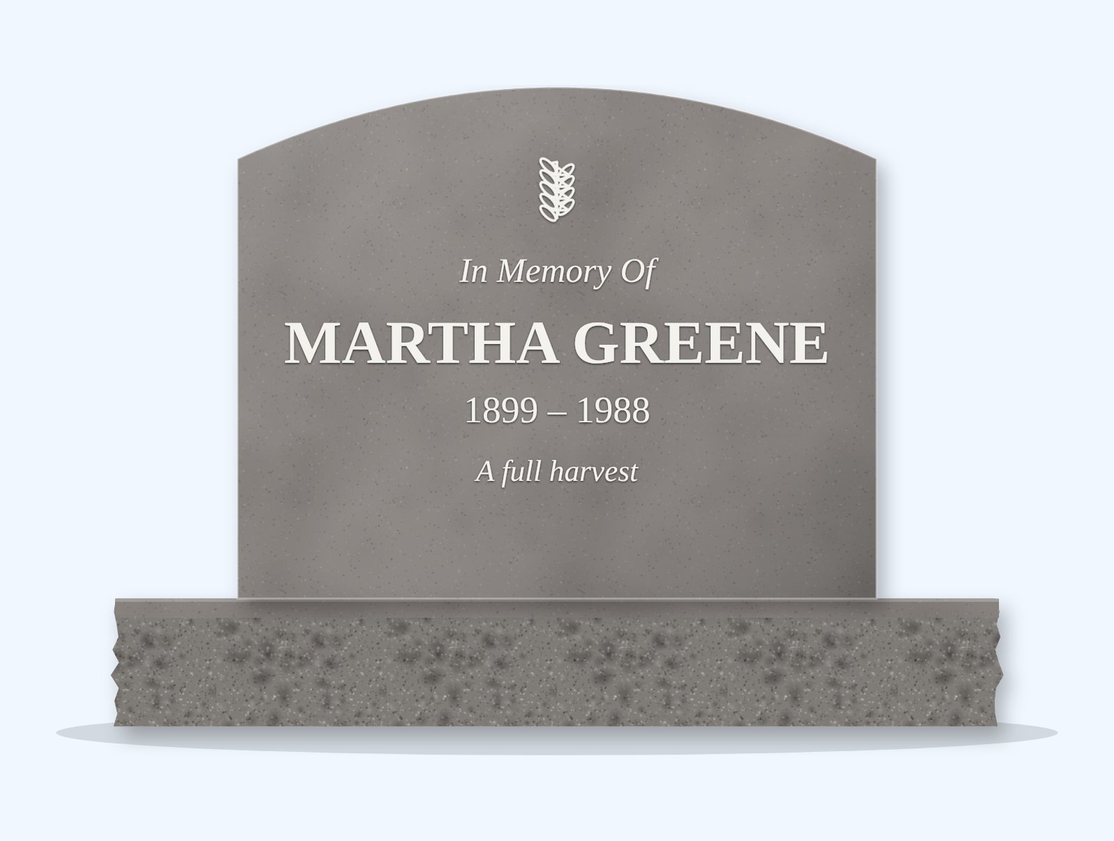 Indian Grey curved top headstone on a granite base, engraved for Martha Greene