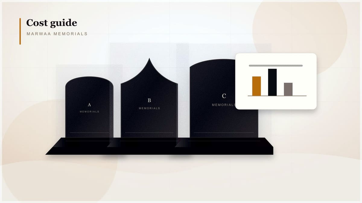 Range of polished granite headstones, flat markers, companion monuments, and memorial vases for cost comparison