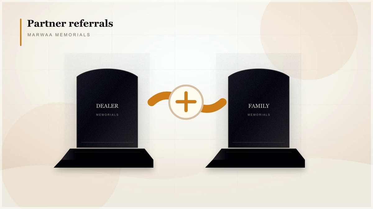 Funeral home partner reviewing granite memorial catalog options with a family in a quiet office