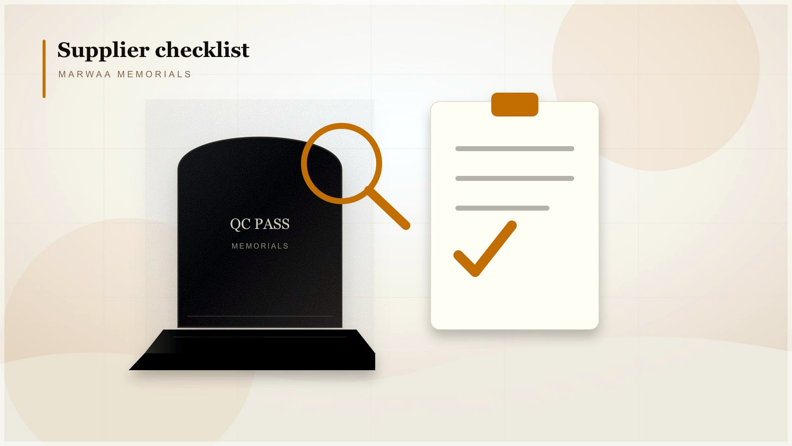 Polished black and grey granite headstones on wooden pallets in an export warehouse with a supplier evaluation checklist on a clipboard