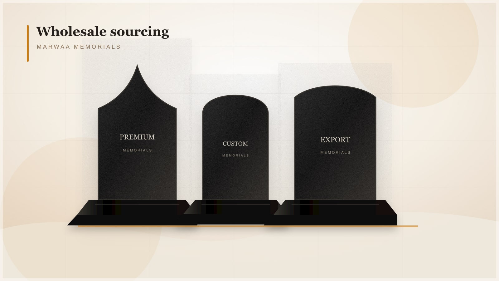Multiple polished black granite upright headstones of varying heights displayed on white background