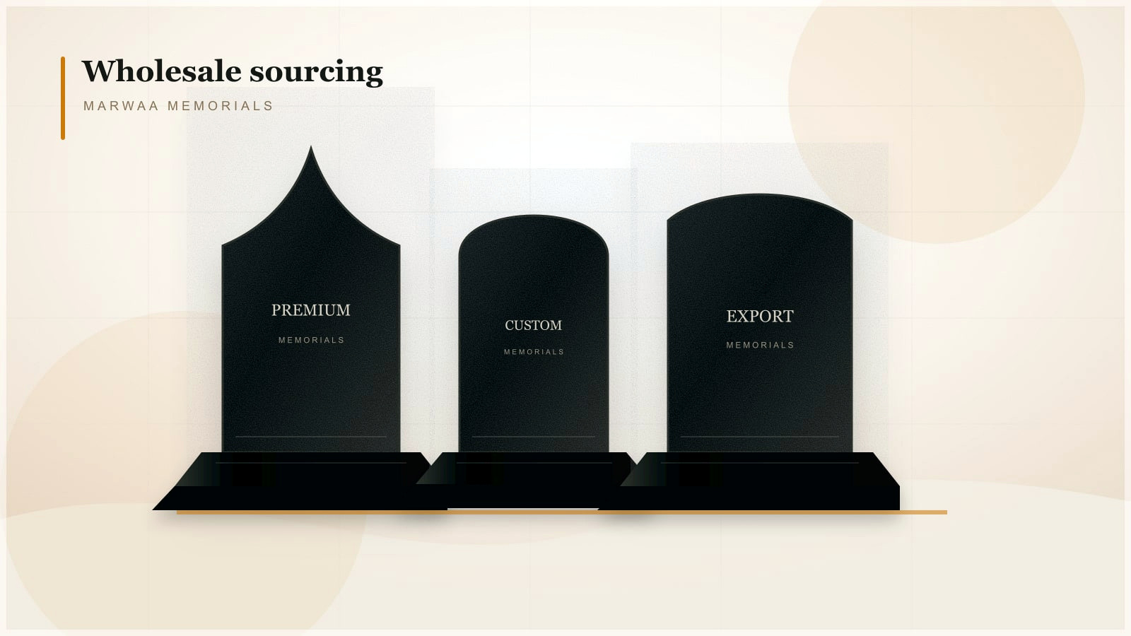 Multiple polished black granite upright headstones of varying heights displayed on white background
