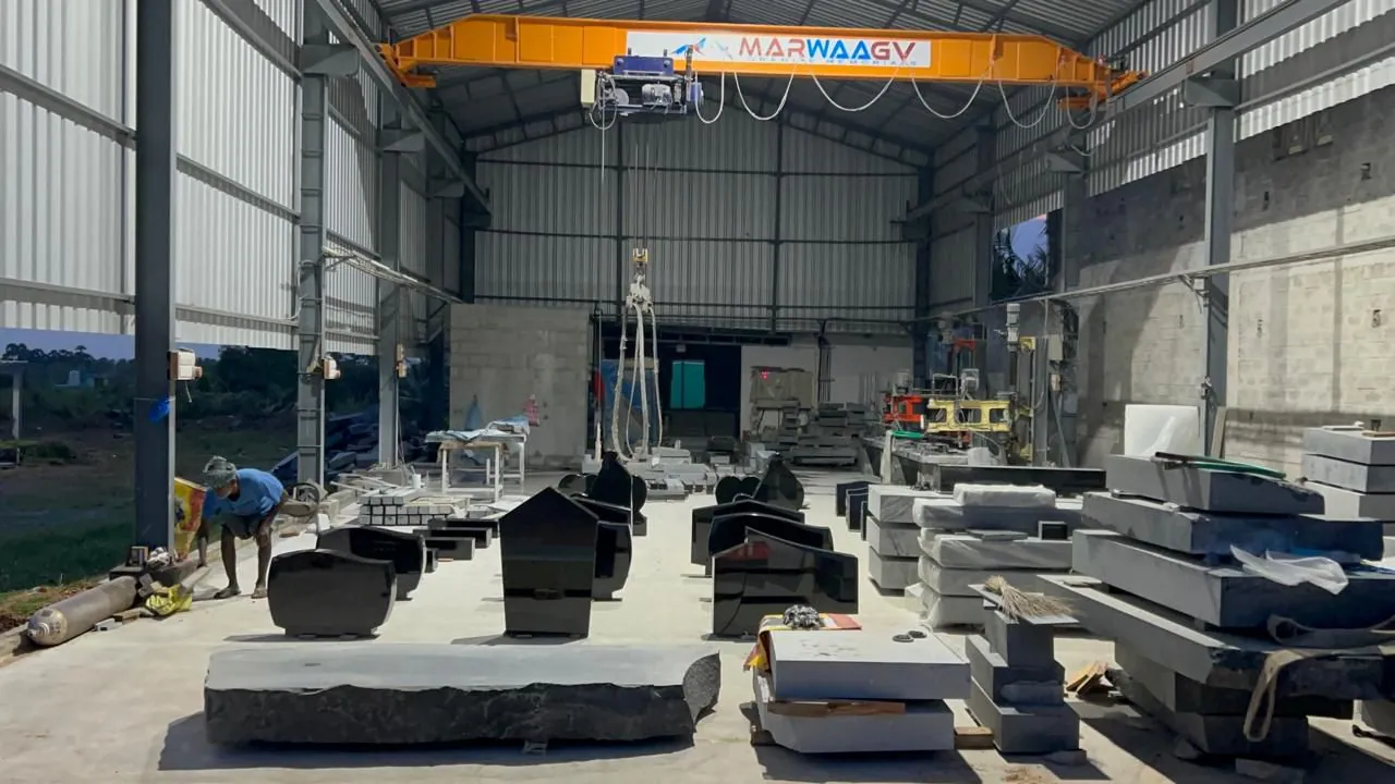Production area with monuments and crane