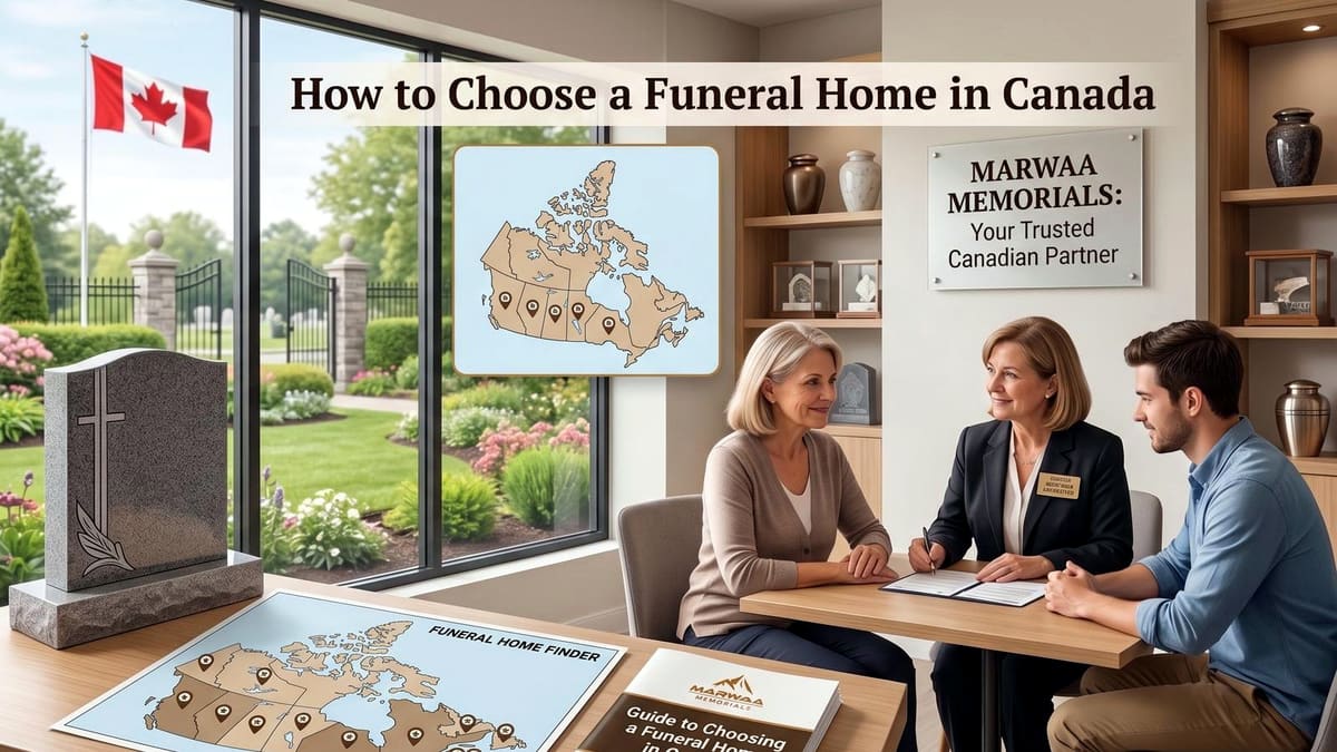 Family consulting with a funeral home advisor in Canada, with a Canada-wide funeral home locator map and planning guide on the desk