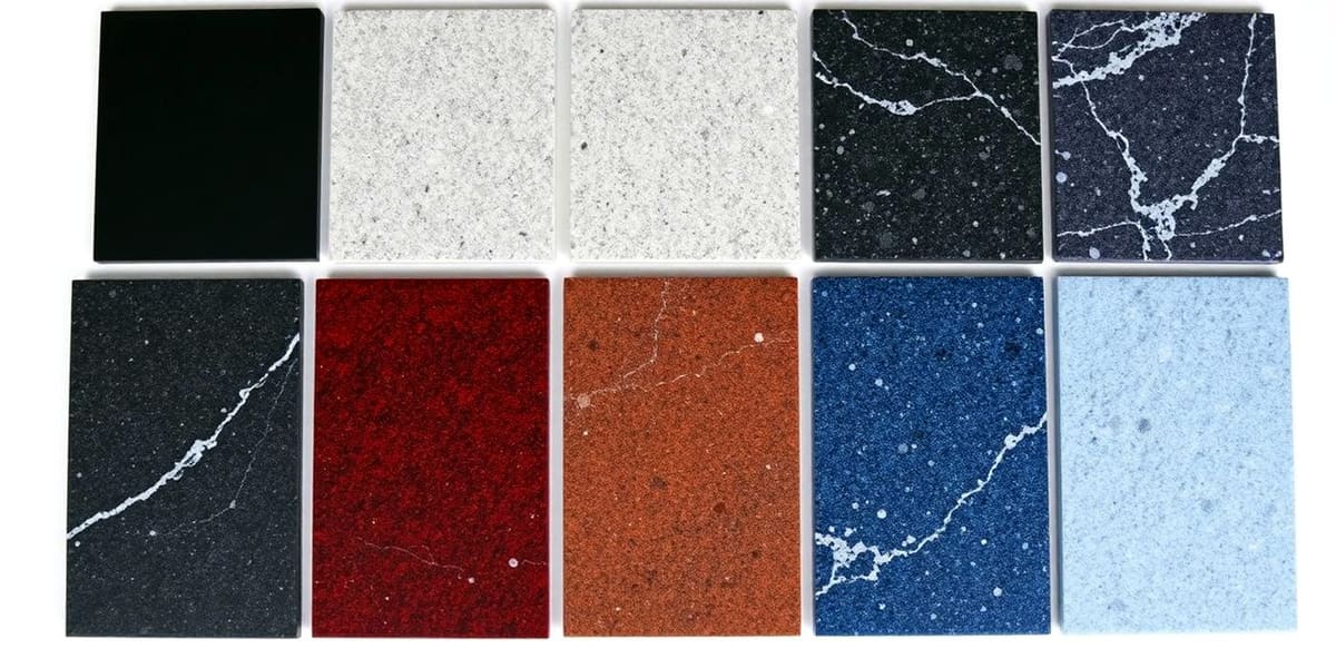 Grey, black, and colored granite headstone samples arranged side by side