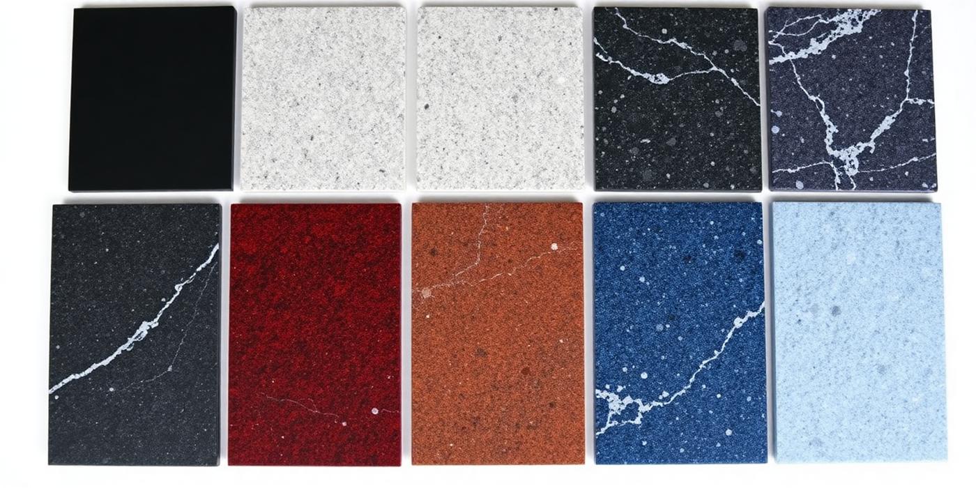 Granite color sample swatches — black, grey, blue pearl, red, mahogany, bahama blue