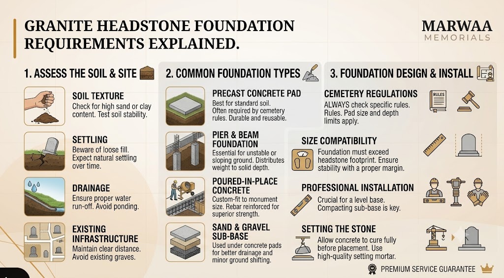 Granite headstone foundation requirements infographic covering soil assessment, foundation types, and design and install steps
