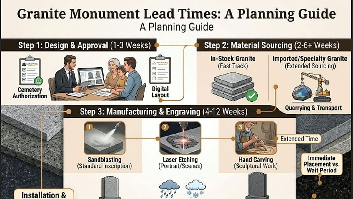Infographic showing the three-step granite monument production timeline: design and approval, material sourcing, and manufacturing and engraving