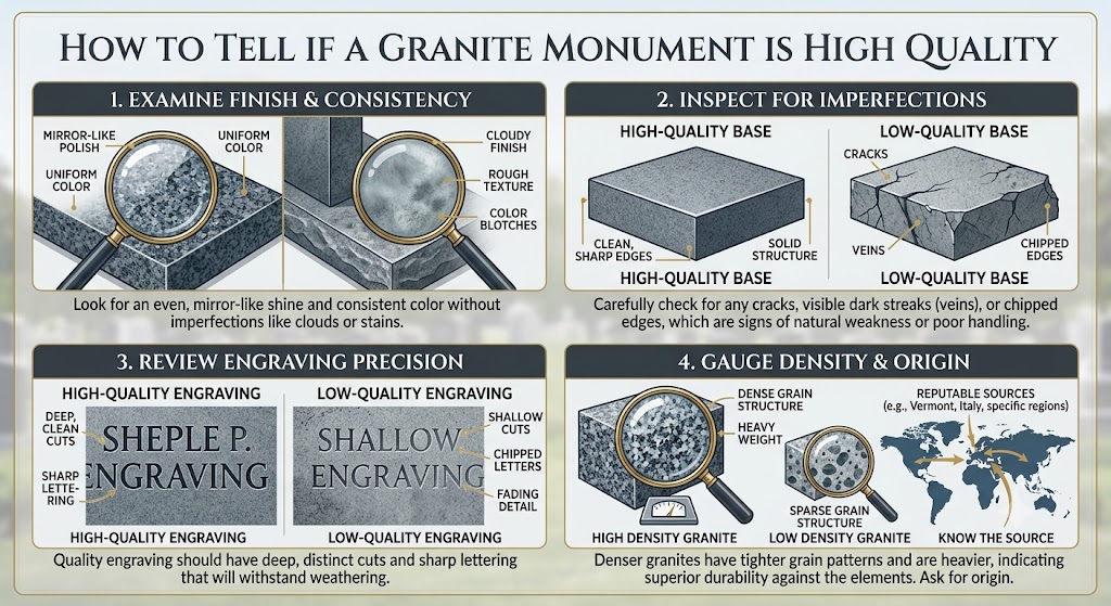 Infographic showing how to tell if a granite monument is high quality: finish and consistency, imperfections, engraving precision, and density and origin
